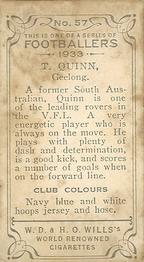 1933 Wills's Victorian Footballers (Small) #57 Tom Quinn Back